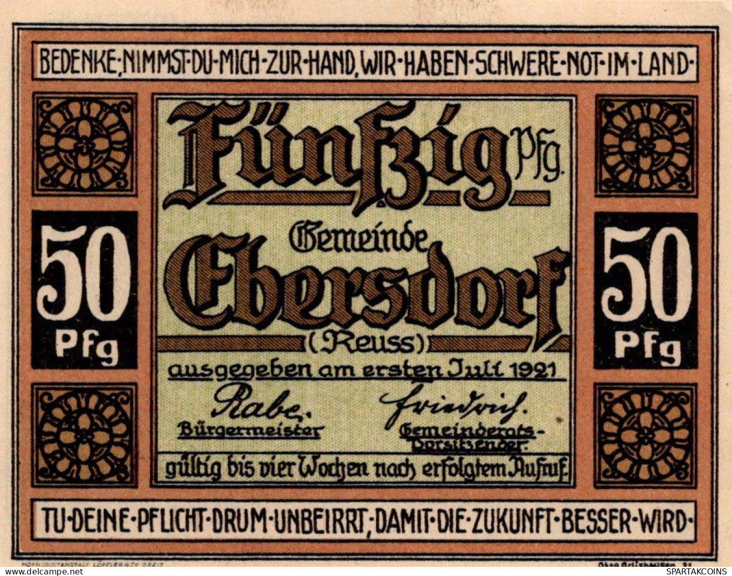 50 PFENNIG 1921 Stadt EBERSDORF Thuringia UNC DEUTSCHLAND Notgeld #PB017 - [11] Emissions Locales