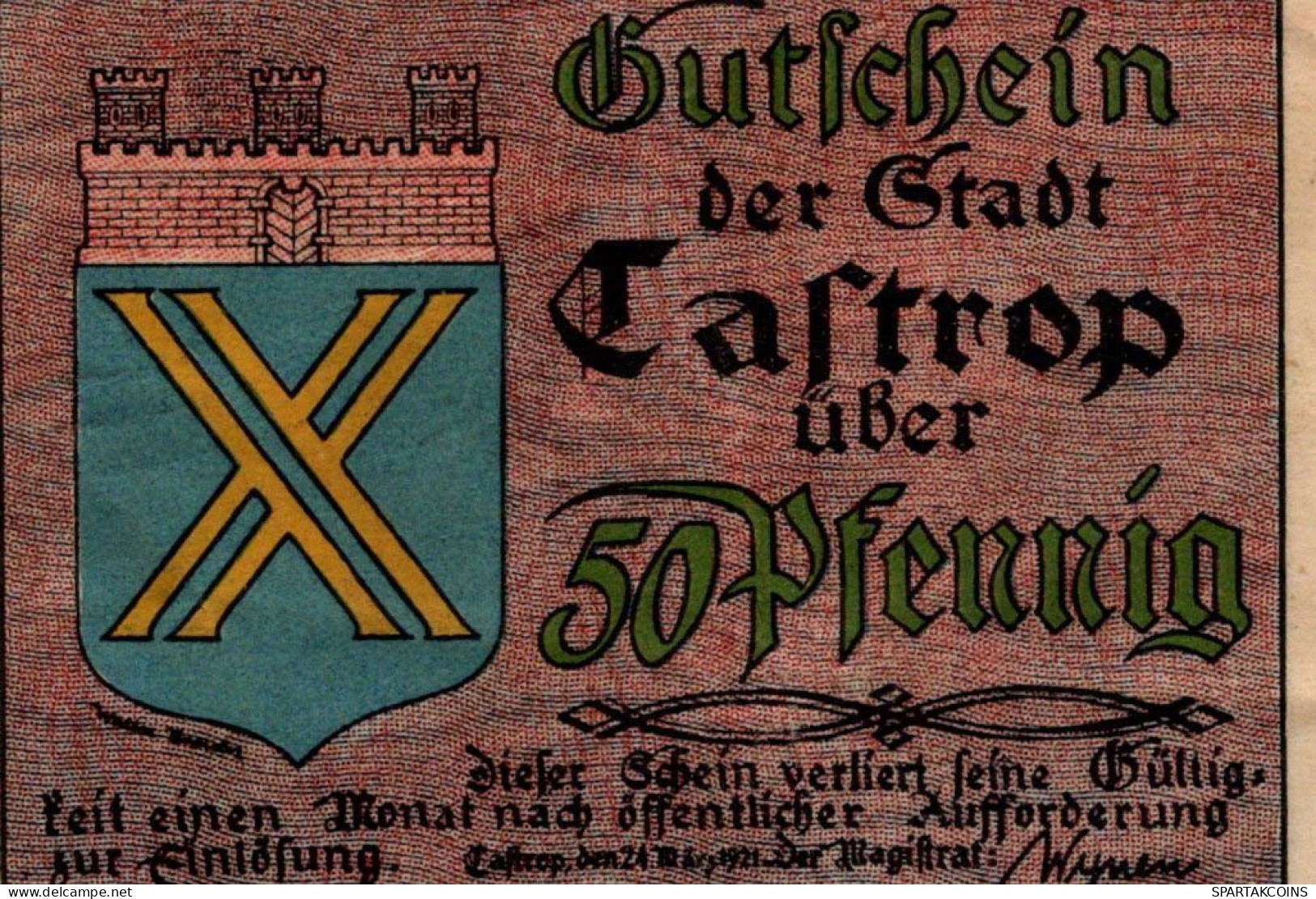 50 PFENNIG 1921 Stadt CASTROP Westphalia DEUTSCHLAND Notgeld Banknote #PG431 - [11] Local Banknote Issues