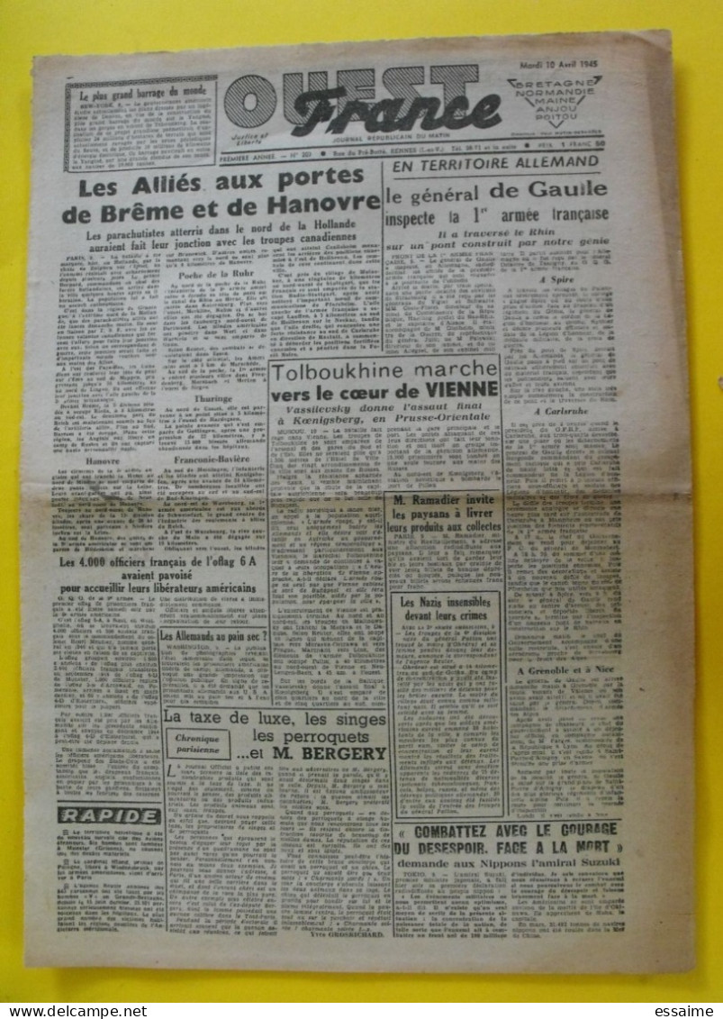 Journal L'Ouest France Du 10 Avril 1945. Guerre De Gaulle Nazis Oflag Vienne Japon Suzuki Angers Segré Baugé - Other & Unclassified