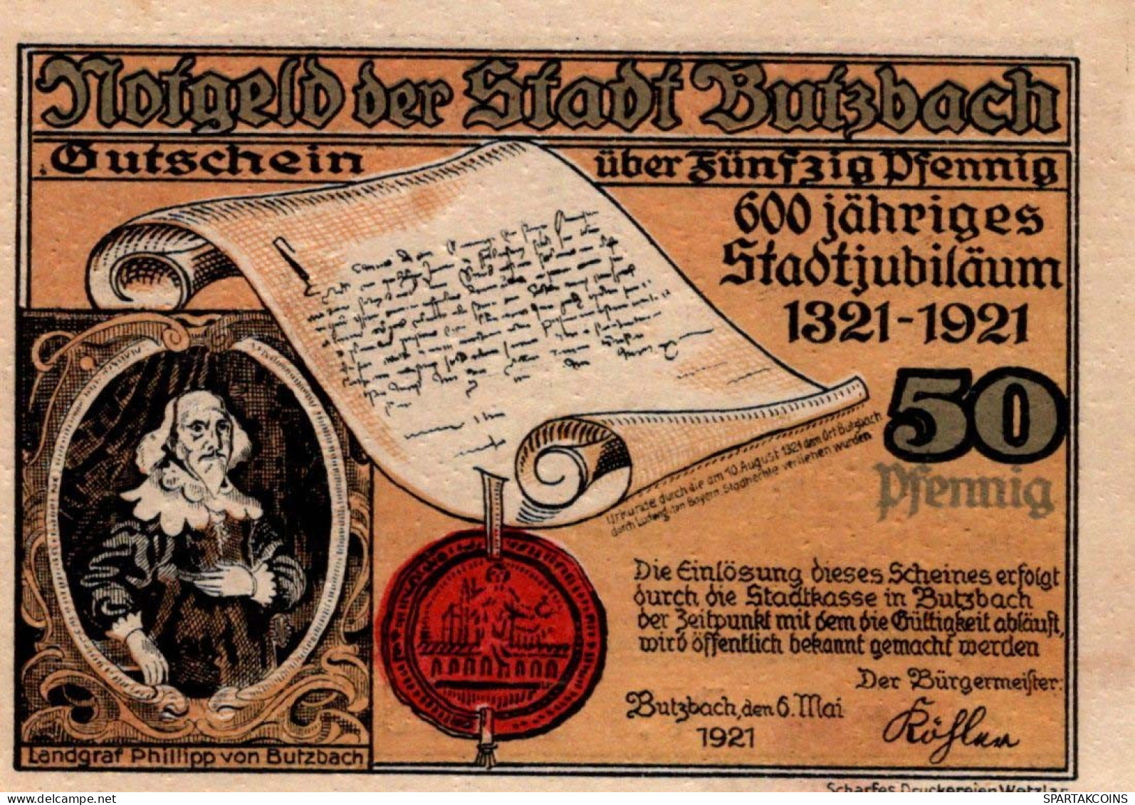 50 PFENNIG 1921 Stadt BUTZBACH Hesse UNC DEUTSCHLAND Notgeld Banknote #PA357 - Lokale Ausgaben