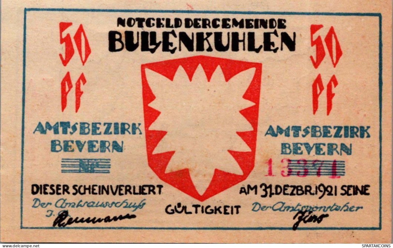 50 PFENNIG 1921 Stadt BULLENKUHLEN Schleswig-Holstein UNC DEUTSCHLAND #PH921 - [11] Local Banknote Issues