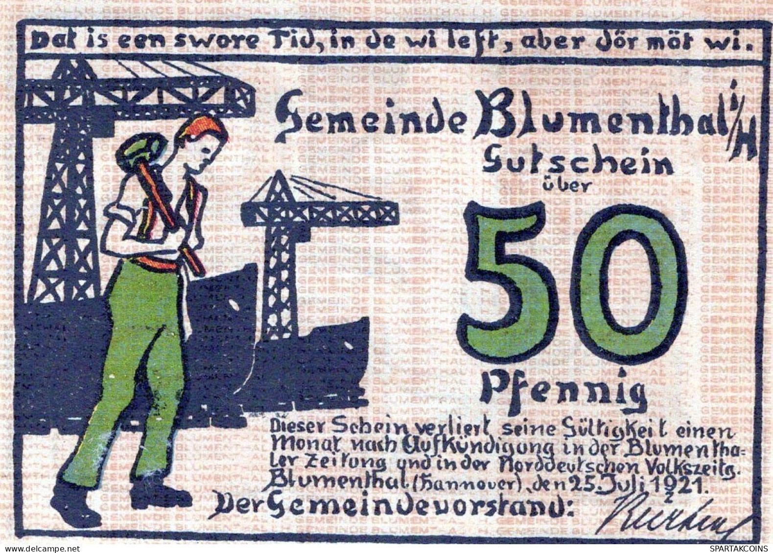 50 PFENNIG 1921 Stadt BLUMENTHAL IN HANNOVER Hanover UNC DEUTSCHLAND #PA248 - Lokale Ausgaben