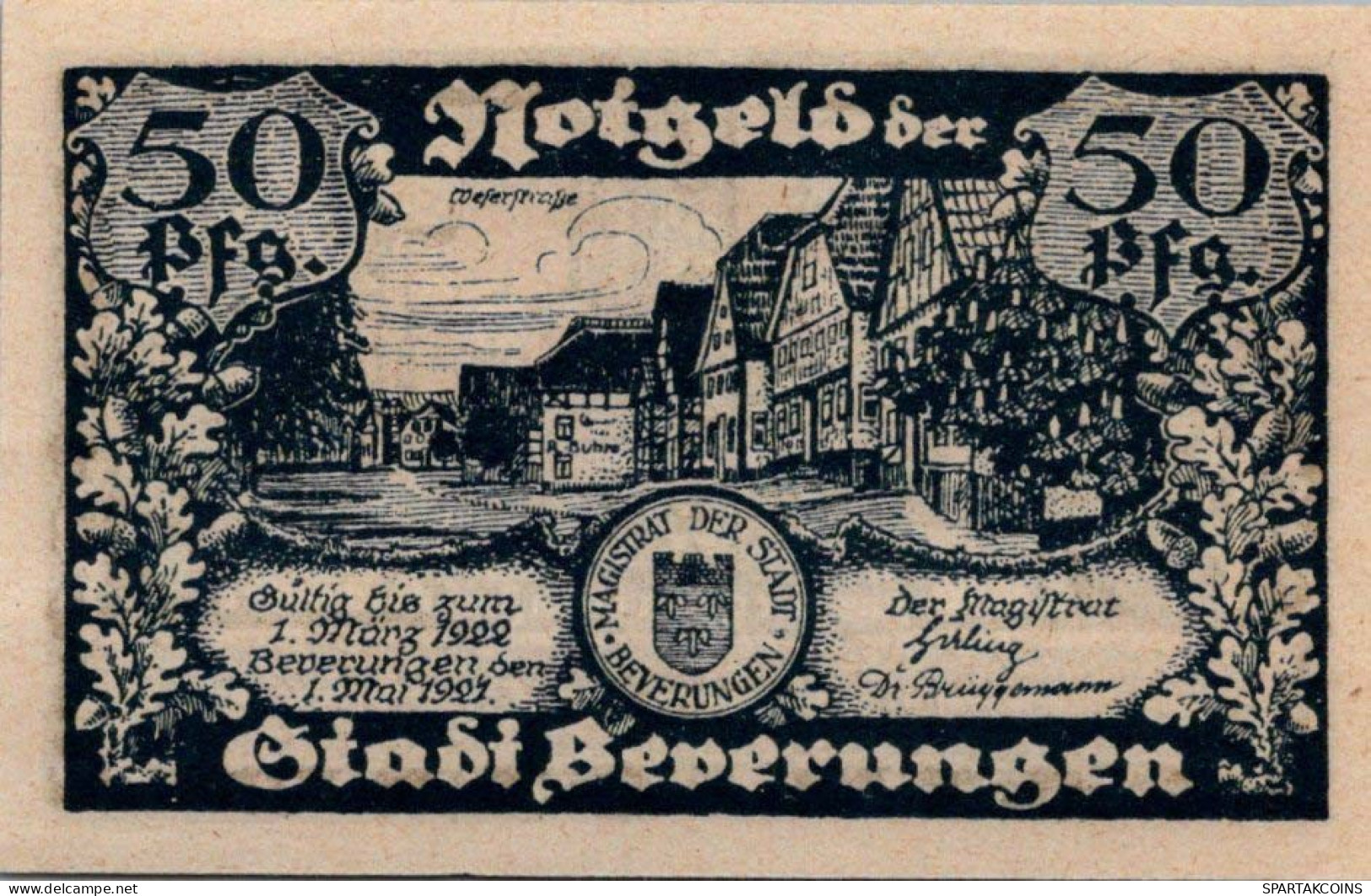 50 PFENNIG 1921 Stadt BEVERUNGEN Westphalia DEUTSCHLAND Notgeld Banknote #PD513 - [11] Emissions Locales