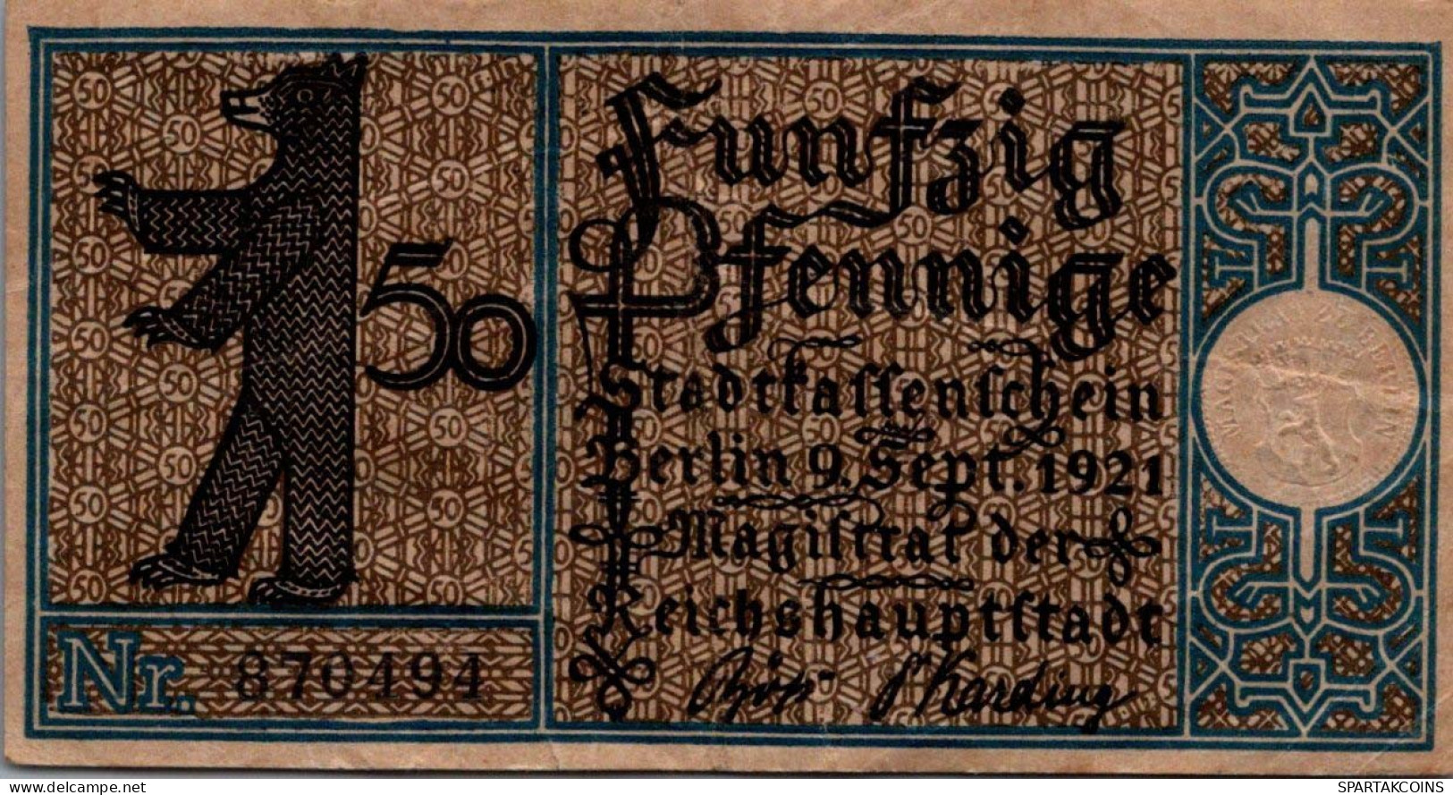 50 PFENNIG 1921 Stadt BERLIN UNC DEUTSCHLAND Notgeld Banknote #PA196 - [11] Lokale Uitgaven