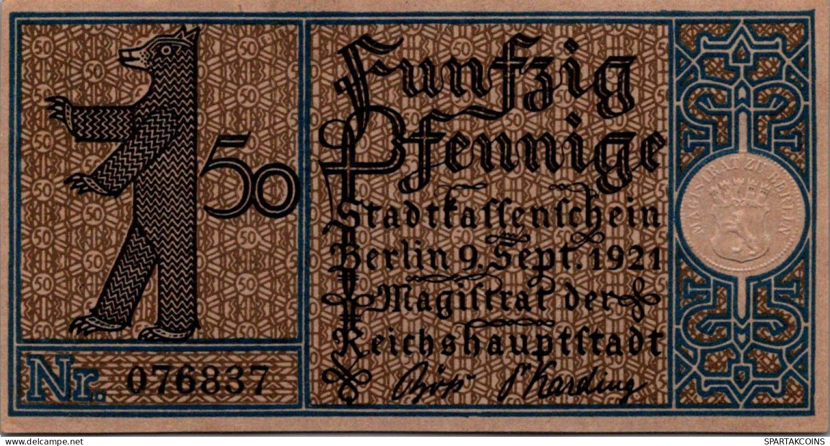 50 PFENNIG 1921 Stadt BERLIN UNC DEUTSCHLAND Notgeld Banknote #PA188 - [11] Lokale Uitgaven