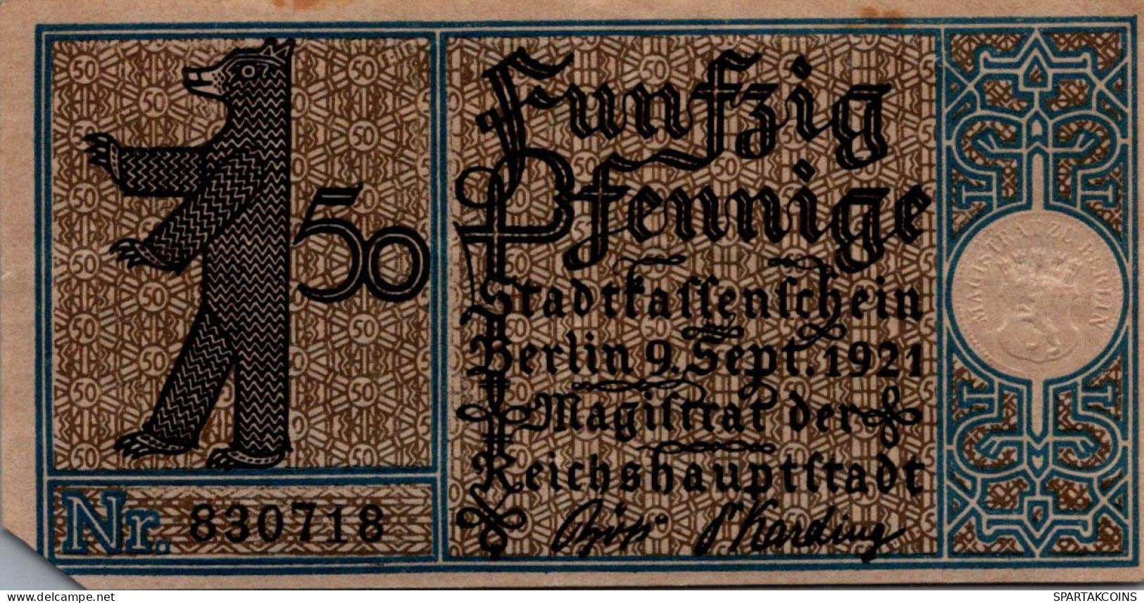 50 PFENNIG 1921 Stadt BERLIN DEUTSCHLAND Notgeld Banknote #PG387 - [11] Emissions Locales