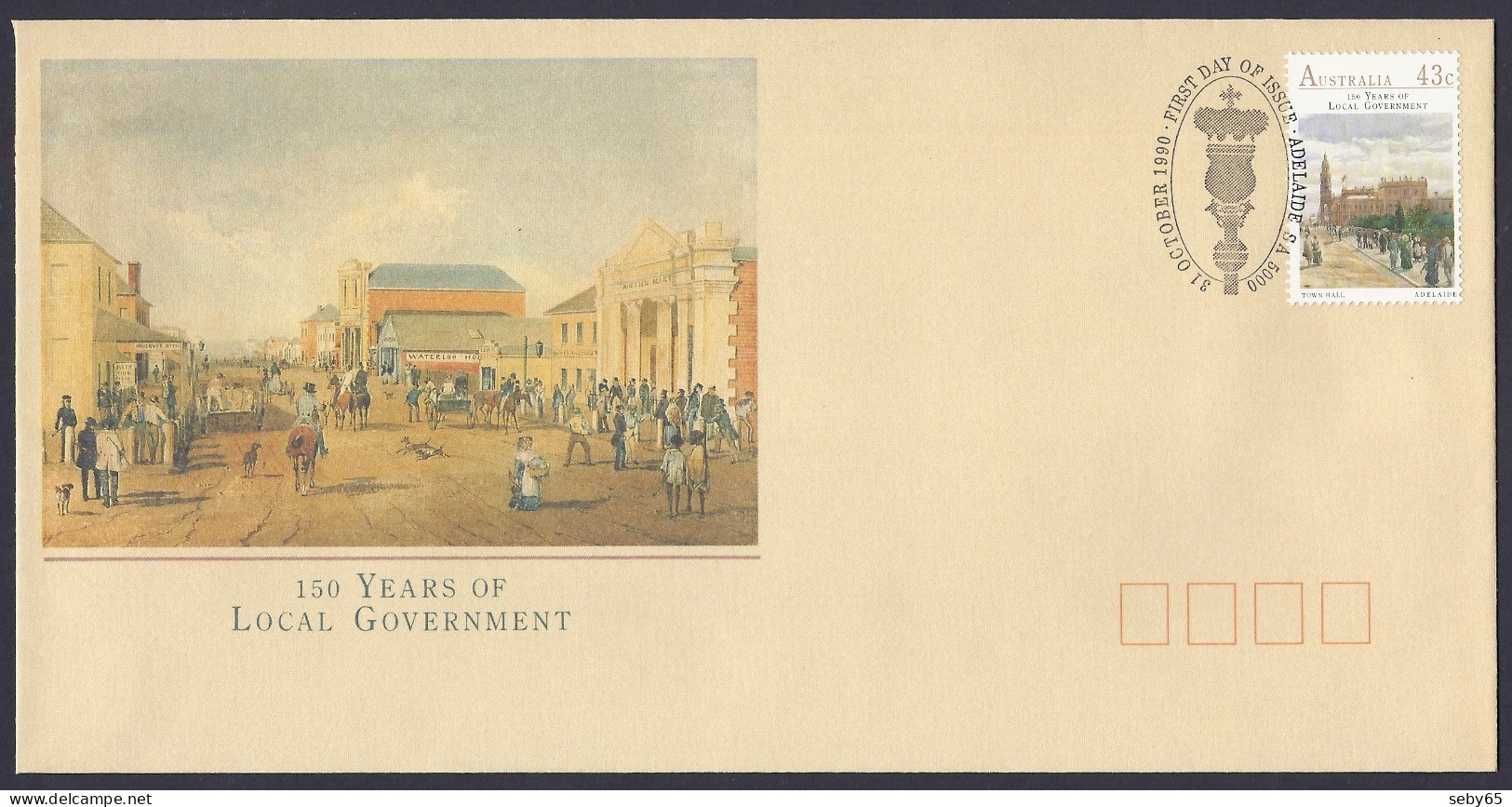 Australia 1990 - Local Government 150 Years, Adelaide, View Of The Building, Town, History - FDC - Omslagen Van Eerste Dagen (FDC)