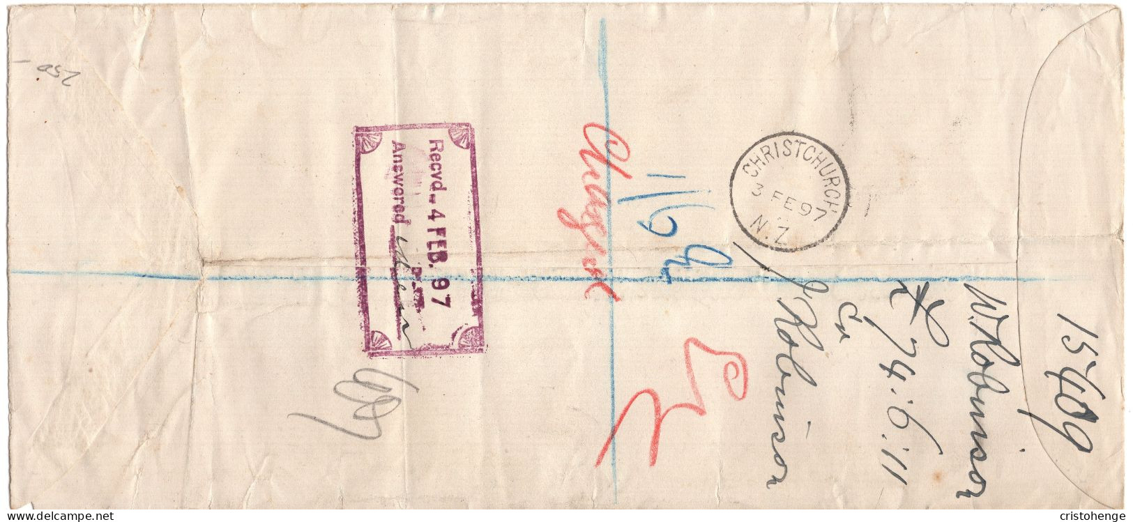 New Zealand 1897 Second Sideface 9d Large Registered Cover OKains Bay To Christchurch - Cartas & Documentos