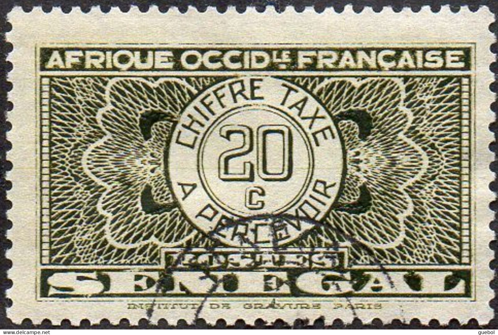 Sénégal Obl. N° Taxe 25 - Pièce De Monnaie Sur Fond Burelé Le 20c Olive - Postage Due