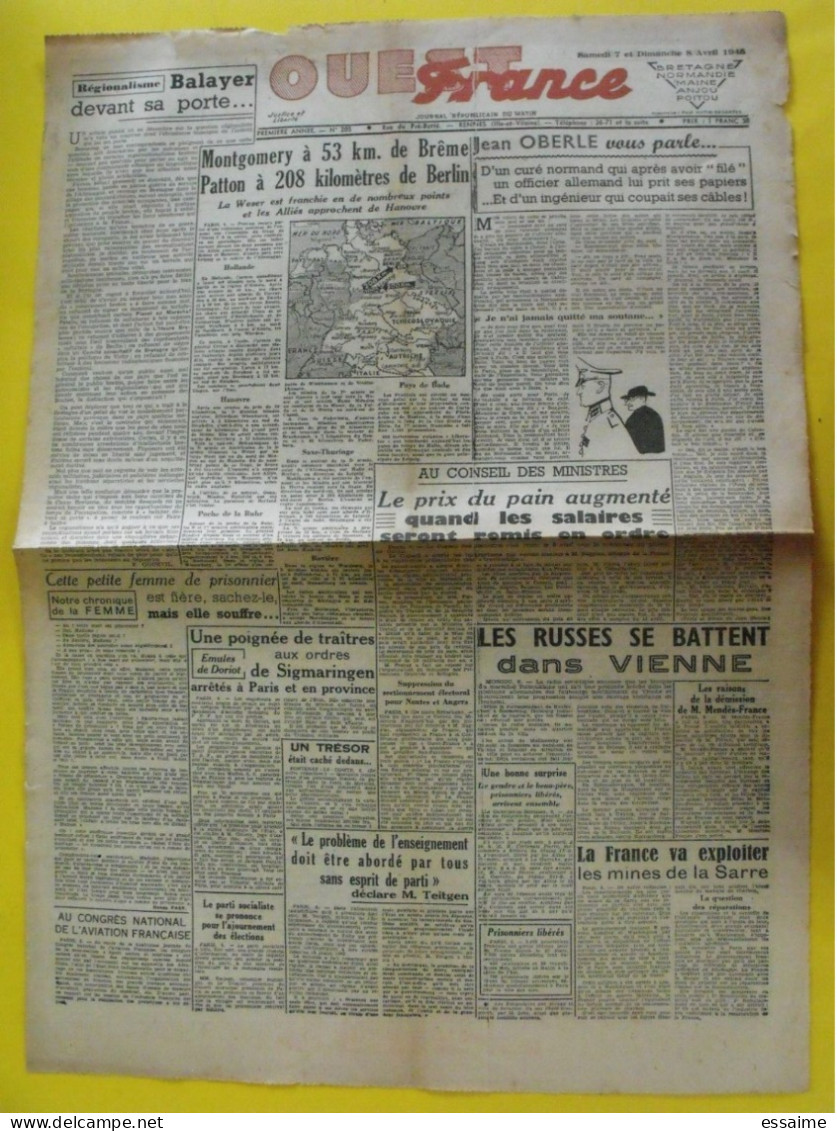 Journal L'Ouest France Du 7-8 Avril 1945. Guerre De Gaulle Oberlé Patton Montgomery Doriot Sigmarinen Sarre - Other & Unclassified