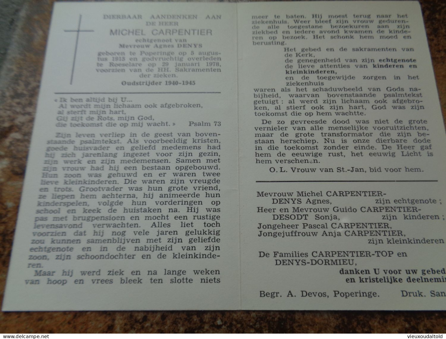 Doodsprentje/Bidprentje  MICHEL CARPENTIER   Poperinge 1915-1978 Roeselare  (Echtg Agnes DENYS) - Godsdienst & Esoterisme