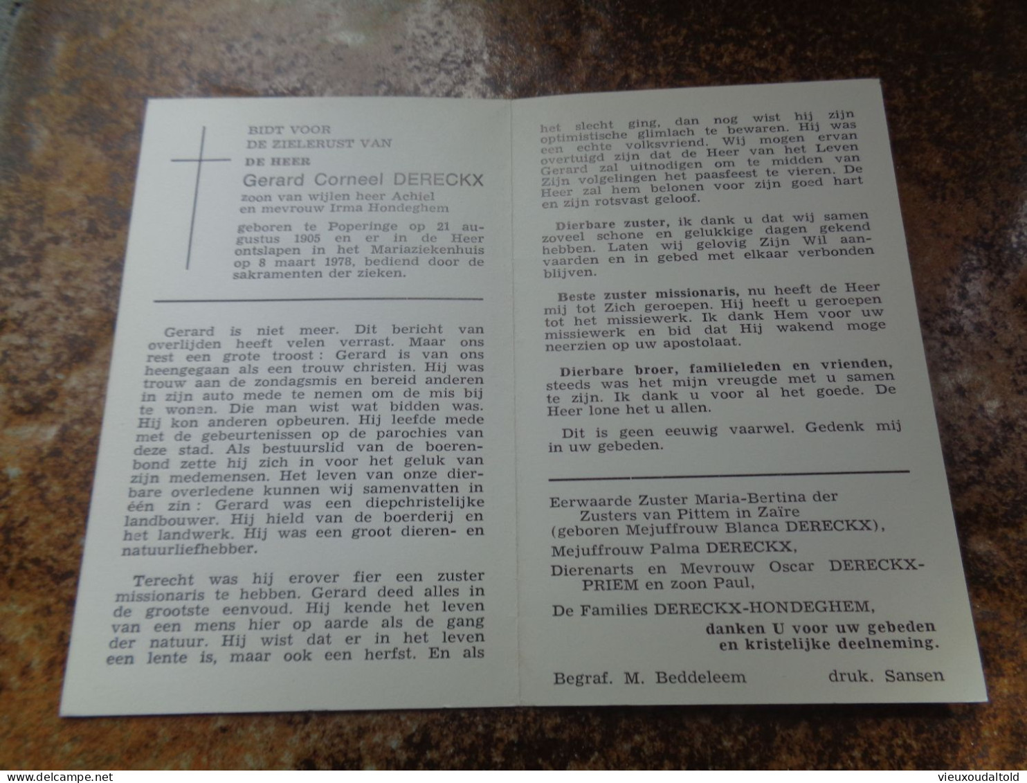 Doodsprentje/Bidprentje  Gerard Corneel DERECKX   Poperinge 1905-1978   (Zn † Achiel & Irma Hondeghem) - Godsdienst & Esoterisme