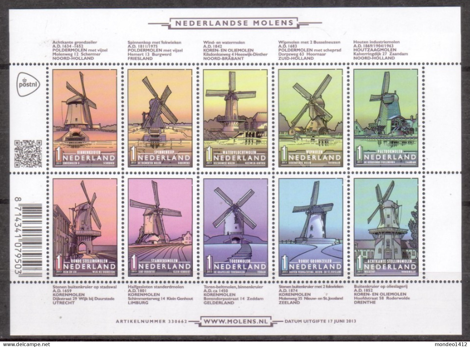 Nederland 2013 - NVPH 3069/3078 - Blok Block - Windmolens, Moulins à Vent, Dutch Windmills  - MNH Postfris - Unused Stamps