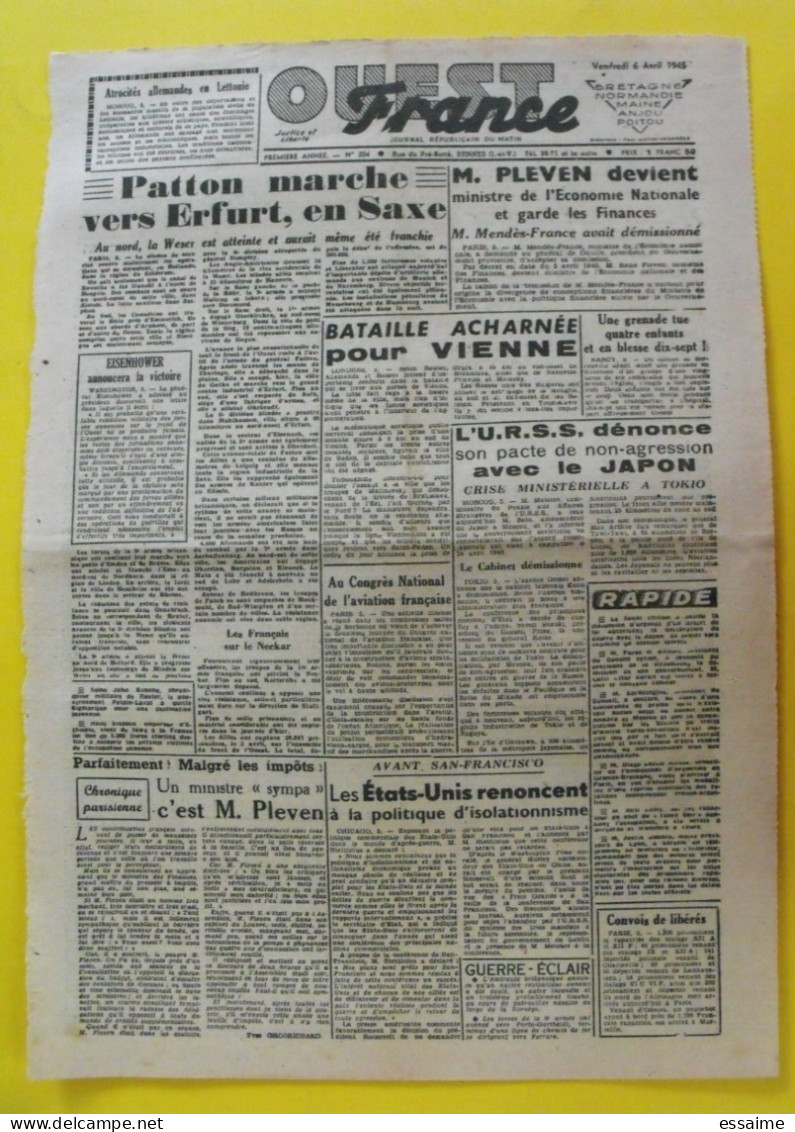Journal L'Ouest France Du 6 Avril 1945. Guerre De Gaulle Patton Japon URSS Pleven Angers Segré Saumur - Otros & Sin Clasificación