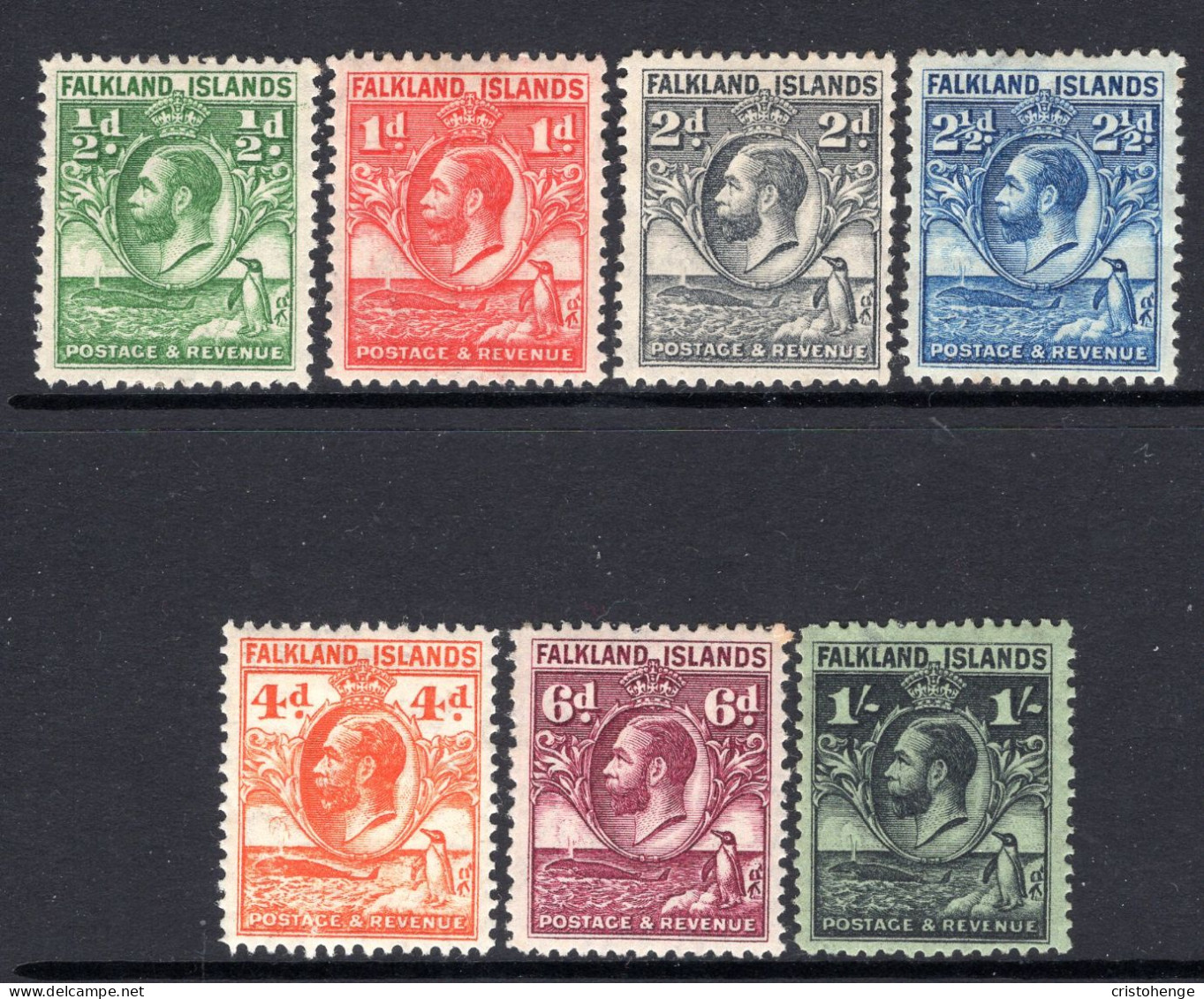 Falkland Islands 1929-37 KGV - Whale & Penguins - Set To 1/- HM (SG 116-122) - 2½d Value Thinned - Falklandinseln