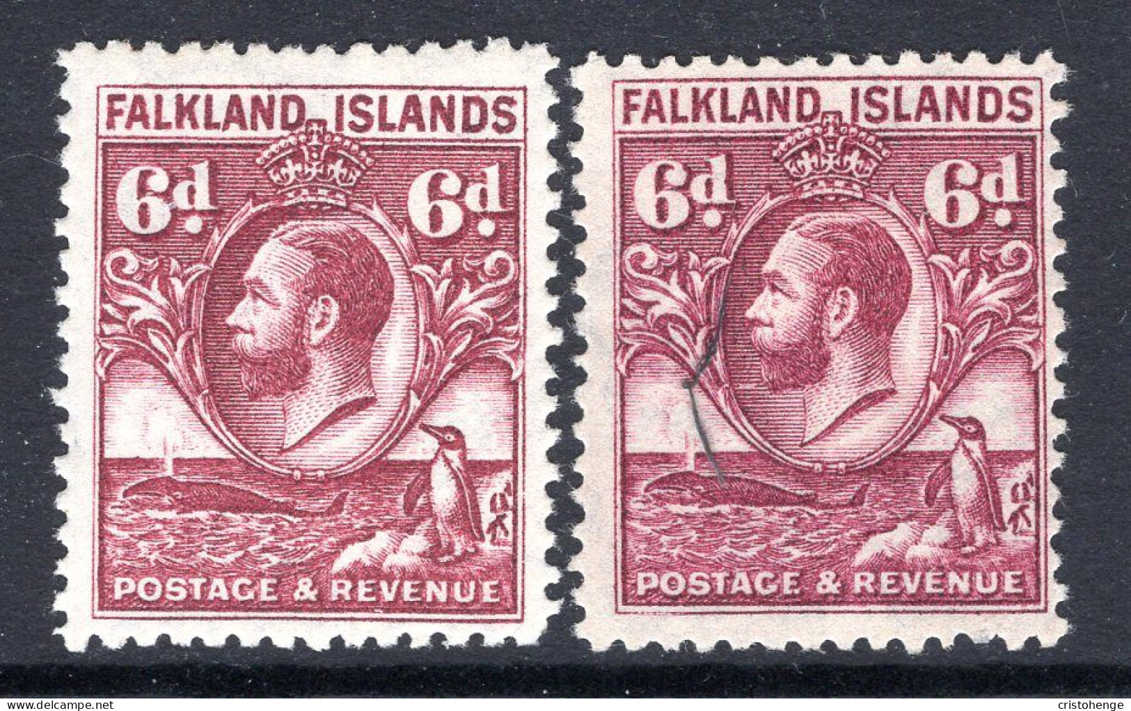 Falkland Islands 1929-37 KGV - Whale & Penguins - 6d Purple & Reddish-purple HM (SG 121/a) - Falklandinseln