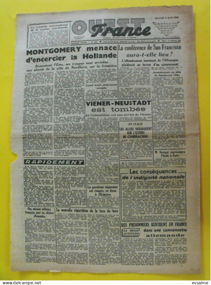 Journal L'Ouest France Du 4 Avril 1945. Guerre De Gaulle Montgomery Japon Okinawa Prisonniers Angers - Otros & Sin Clasificación