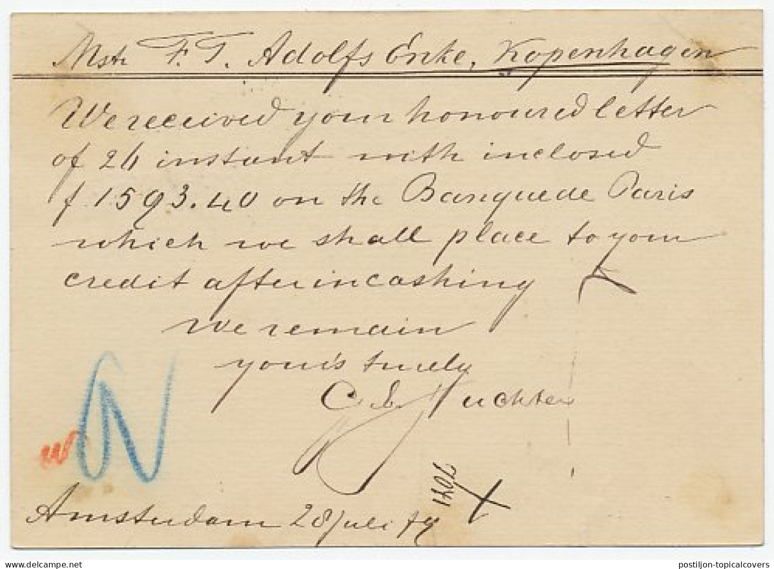 Trein Haltestempel Amsterdam 1879 - Briefe U. Dokumente