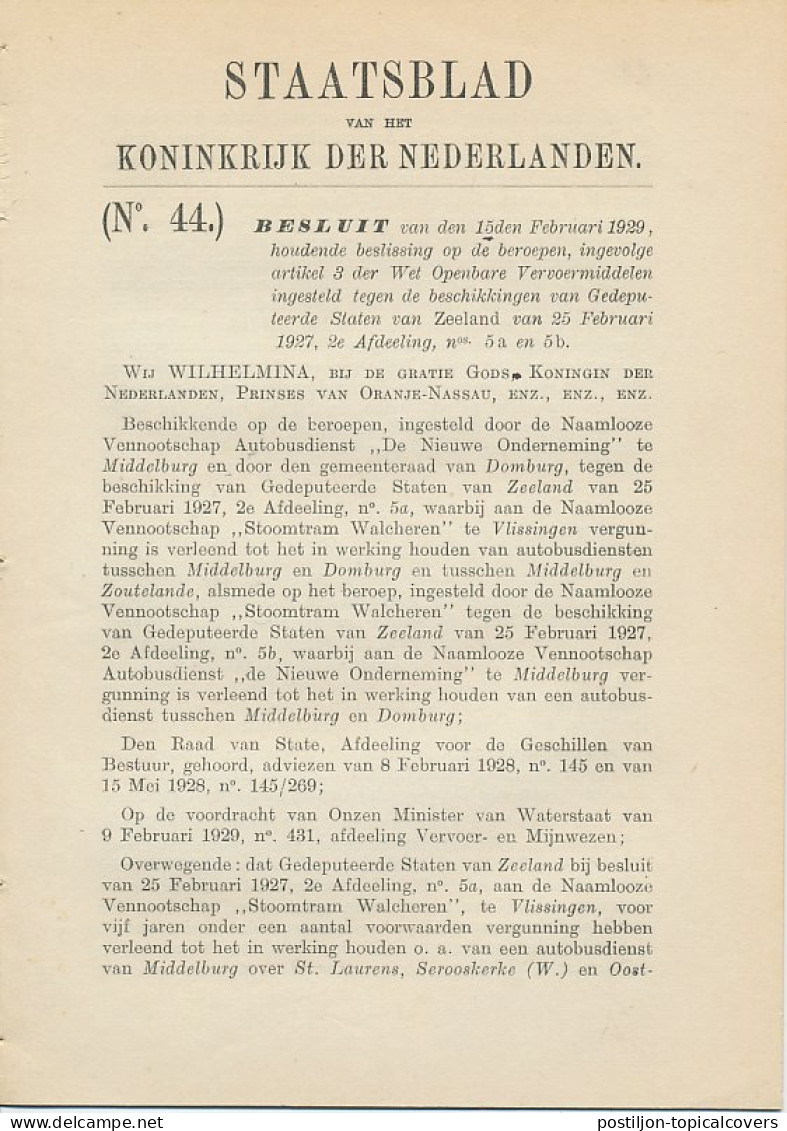 Staatsblad 1929 : Autobusdienst Middelburg - Domburg Enz. - Historical Documents
