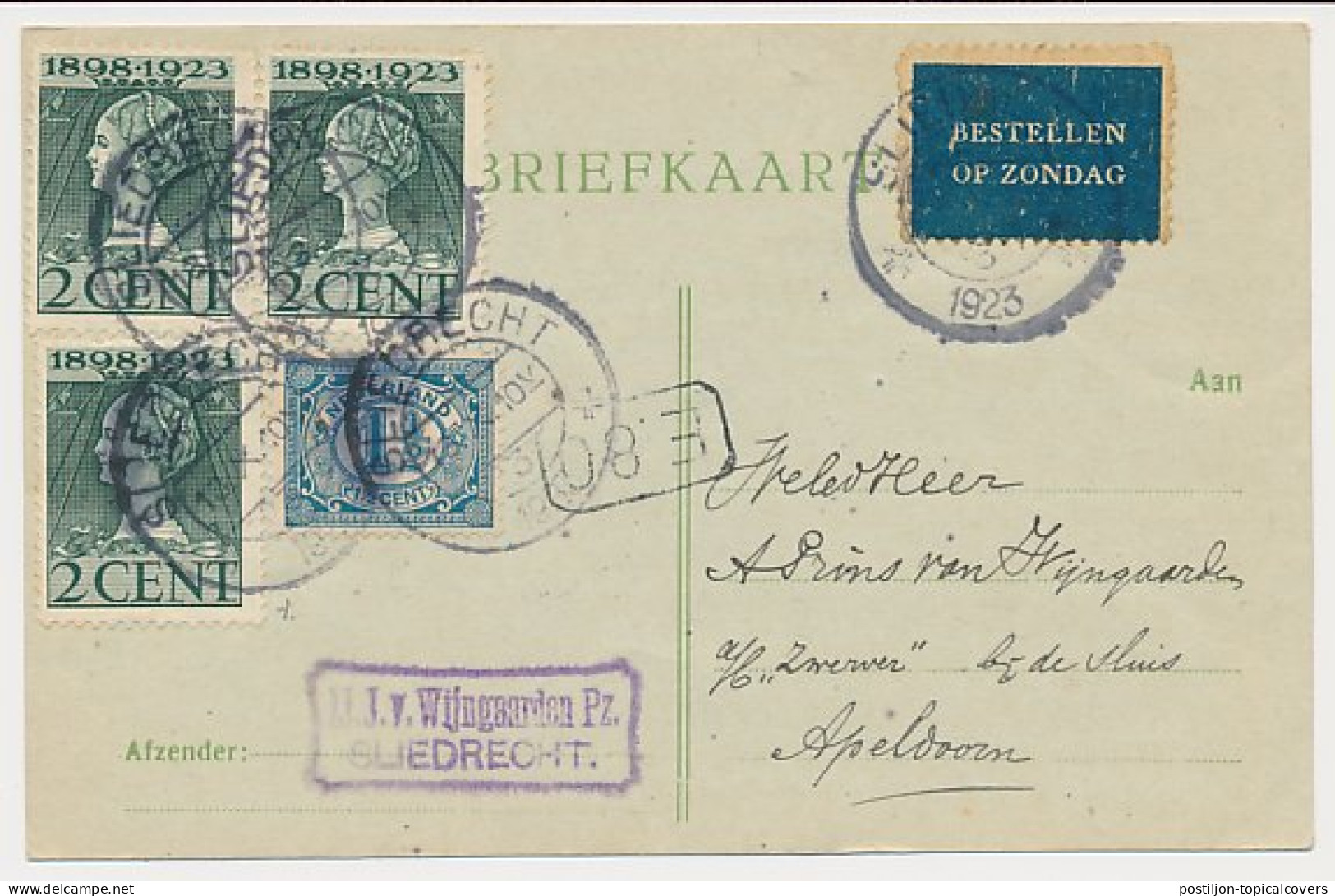 Bestellen Op Zondag - Sliedrecht - Apeldoorn 1923 - Cartas & Documentos