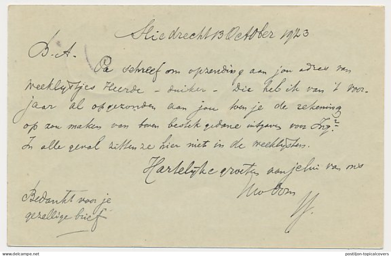 Bestellen Op Zondag - Sliedrecht - Apeldoorn 1923 - Lettres & Documents