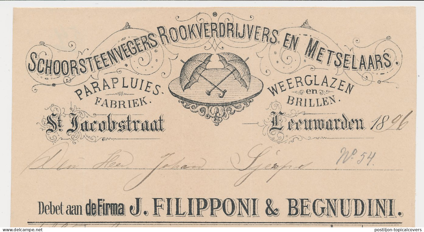 Nota Leeuwarden 1896 - Parapluies - Weerglazen - Brillen - Holanda