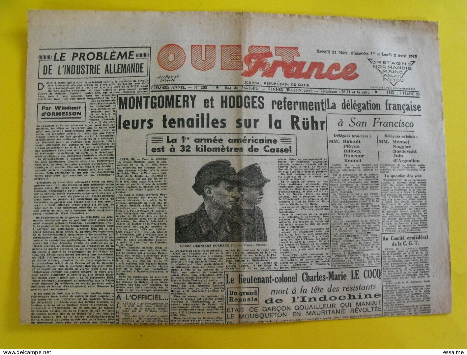 Journal L'Ouest France Du 31 Mars 1945. Guerre De Gaulle Montgomery Hodges Indochine Le Cocq Dantzig Ormesson Pétain - Andere & Zonder Classificatie