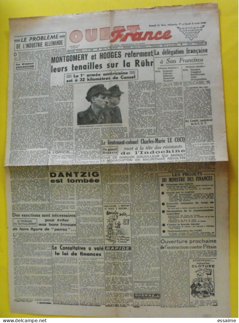 Journal L'Ouest France Du 31 Mars 1945. Guerre De Gaulle Montgomery Hodges Indochine Le Cocq Dantzig Ormesson Pétain - Autres & Non Classés