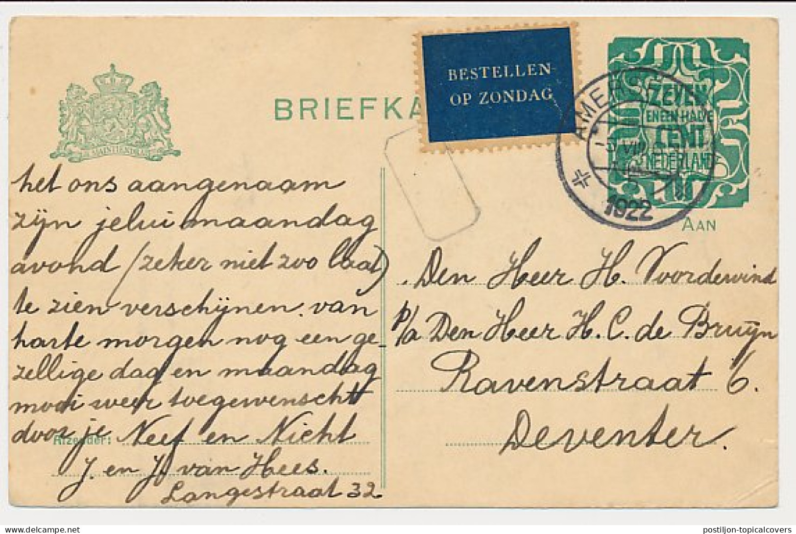 Bestellen Op Zondag - Amersfoort - Deventer 1922 - Lettres & Documents