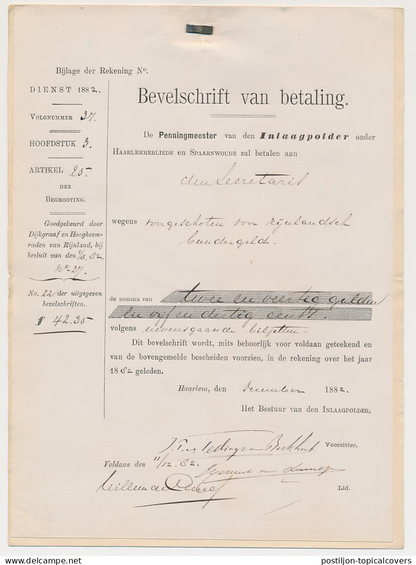 Fiscaal - Rijnlands Bundergeld + Bevelschrift Inlaagpolder 1882 - Fiscaux