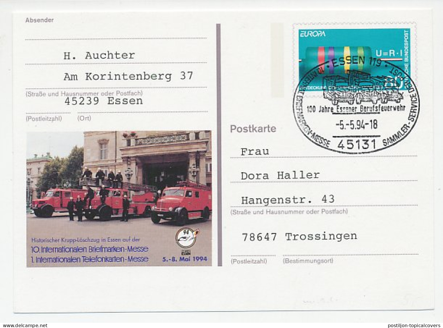 Postal Stationery / Postmark Germany 1994 Firefighting - Pompieri