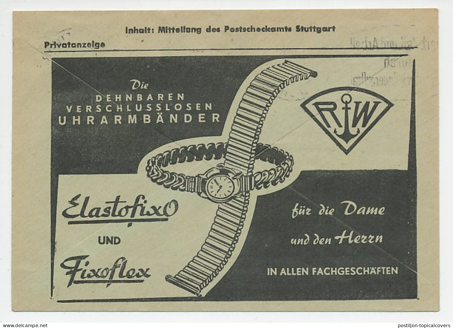 Postal Cheque Cover Germany 1955 Watch - Clock - Elastofixo - Fixoflex - Horlogerie