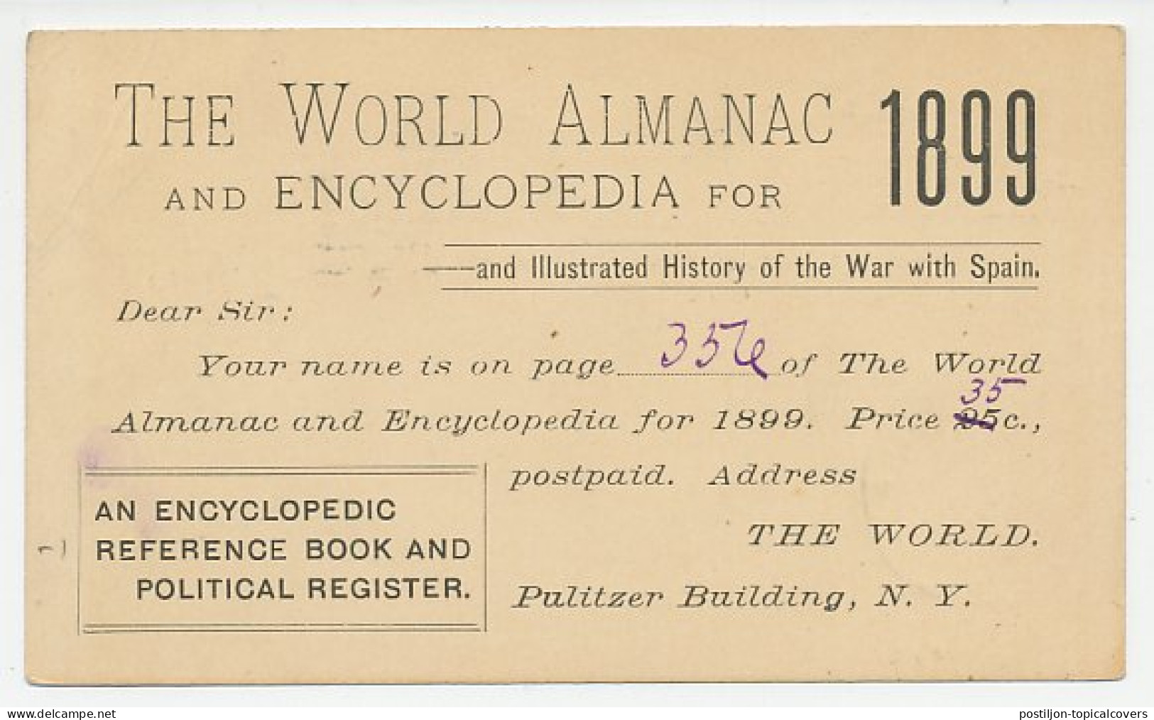 Postal Stationery USA 1899 World Almanac - Encyclopedia - Unclassified