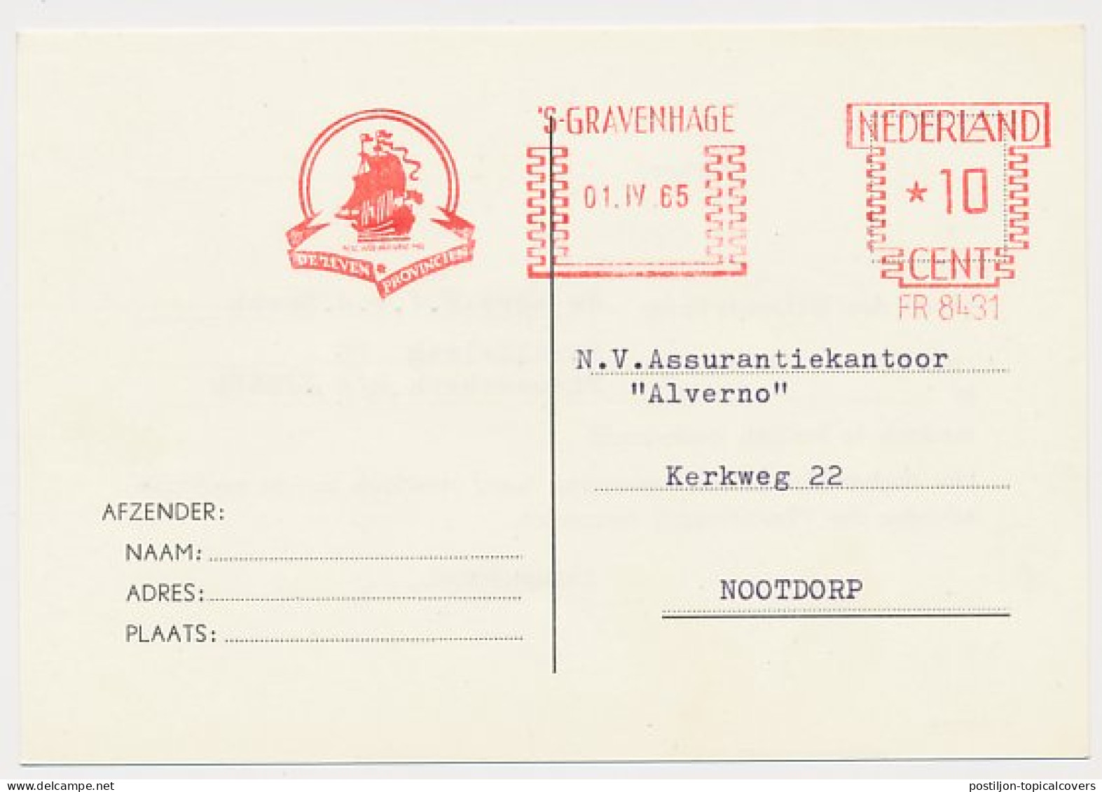 Meter Card Netherlands 1965 - Francotyp 8431 Sailing Ship - De Zeven Provincien - Schiffe