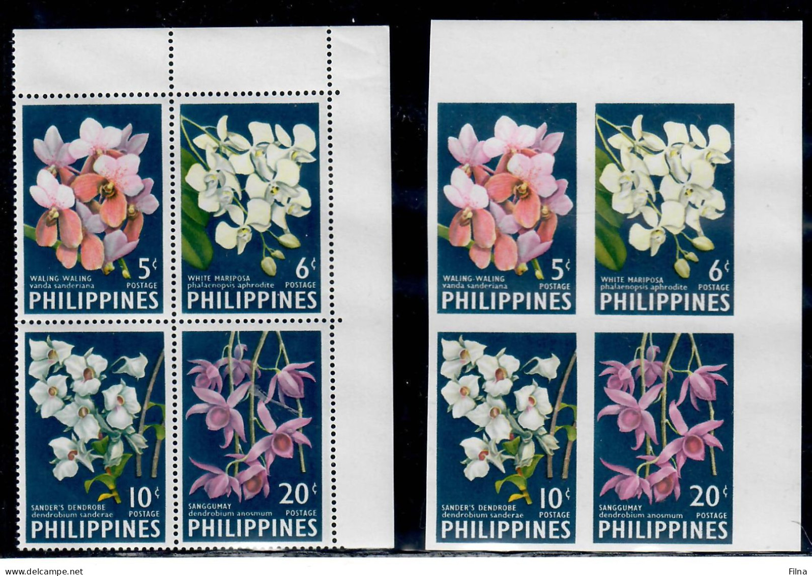 PHILIPPINES FILIPPINE 1962 FLORA FIORI ORCHIDEE BLOCCO DI 4 DENTELLATO E NON DENTELLATO - MNH/** - Philippines