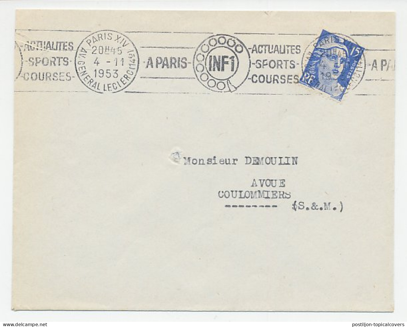 Cover / Postmark France 1953 Telephone - Current Sports Course - Altri & Non Classificati