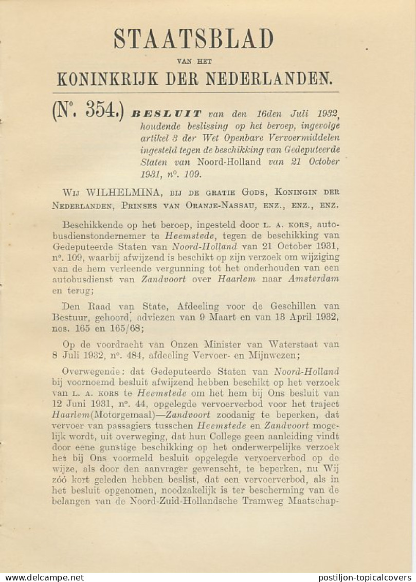 Staatsblad 1932 : Autobusdienst Zandvoort - Amsterdam  - Documents Historiques