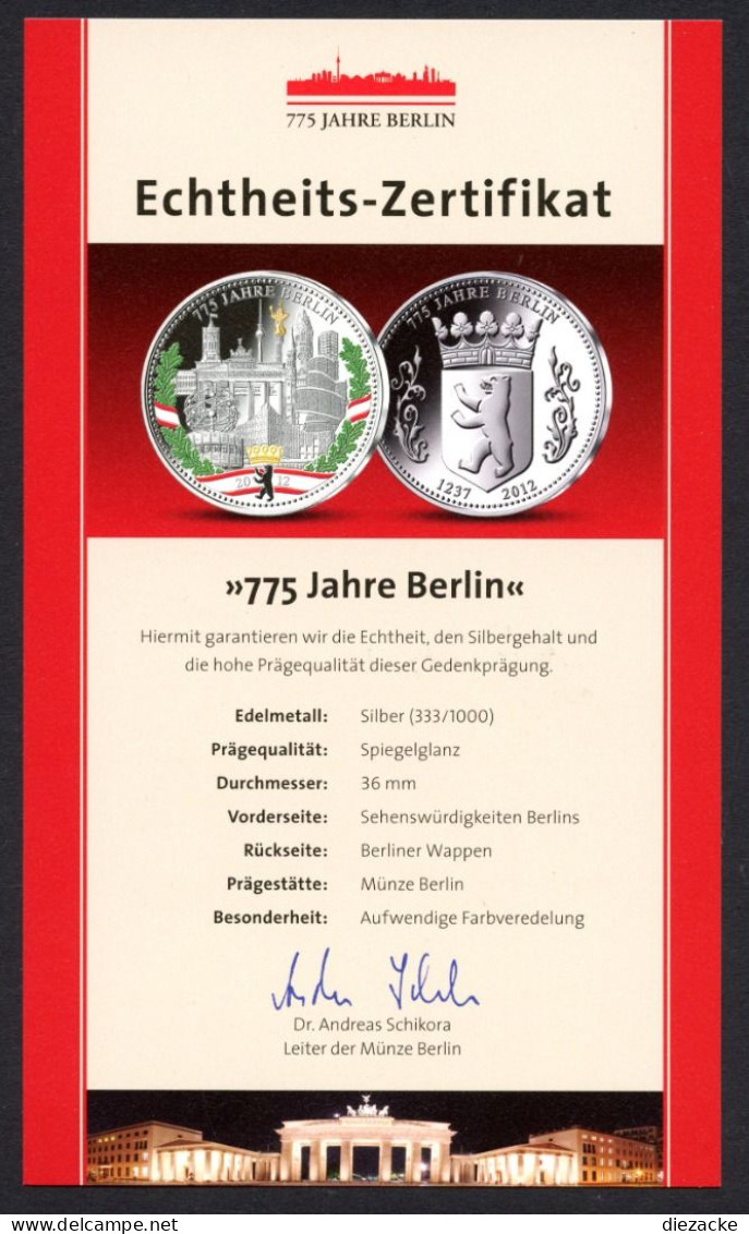 775 Jahre Berlin 8 Silbermedaillen Teilvergoldet, Farbveredelt PP (KMS033 - Non Classés