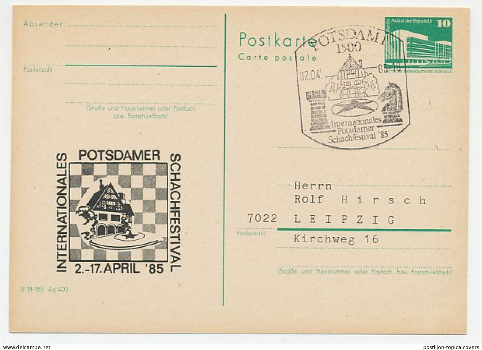 Postal Stationery / Postmark Germany / DDR 1985 Chess Festival - Non Classés