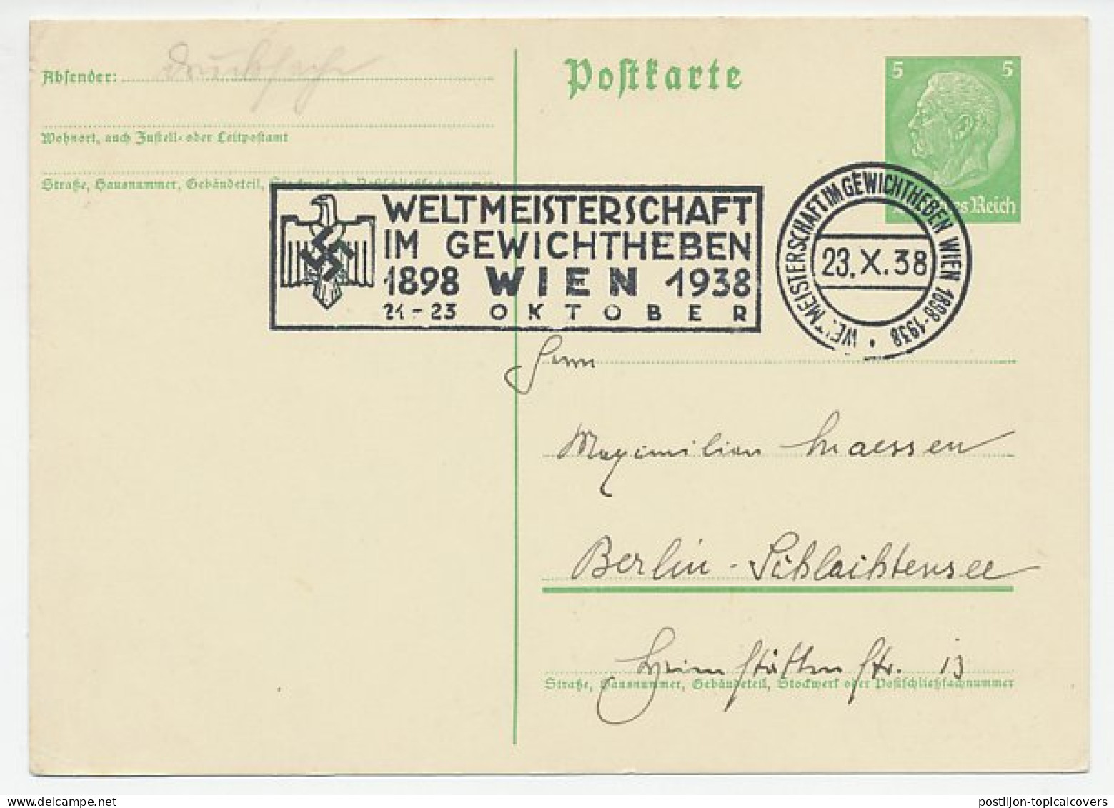 Postcard / Postmark Germany / Austria 1938 Weightlifting - World Championship - Other & Unclassified