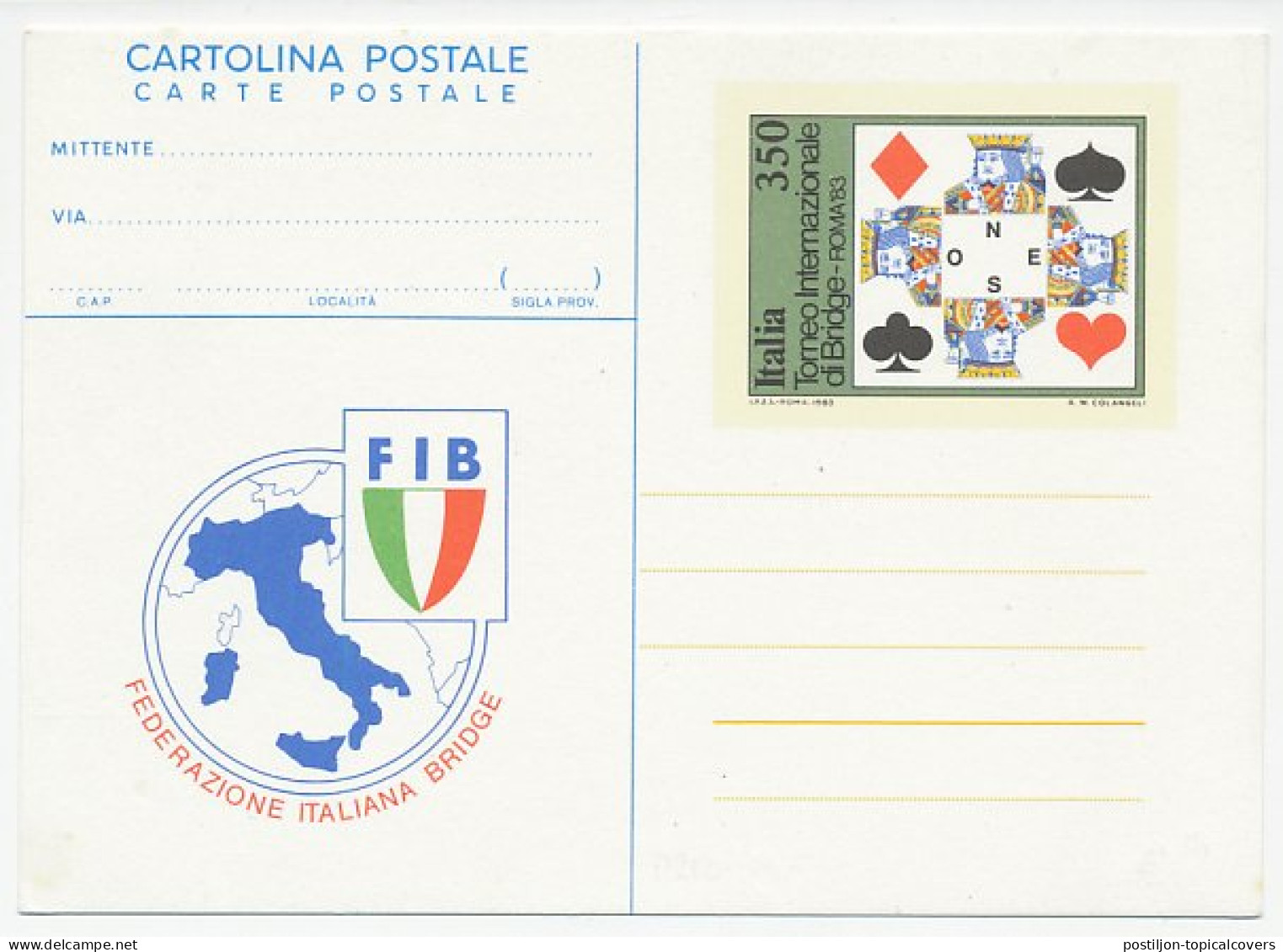 Postal Stationery Italy 1983 Card Play - Bridge - Other & Unclassified