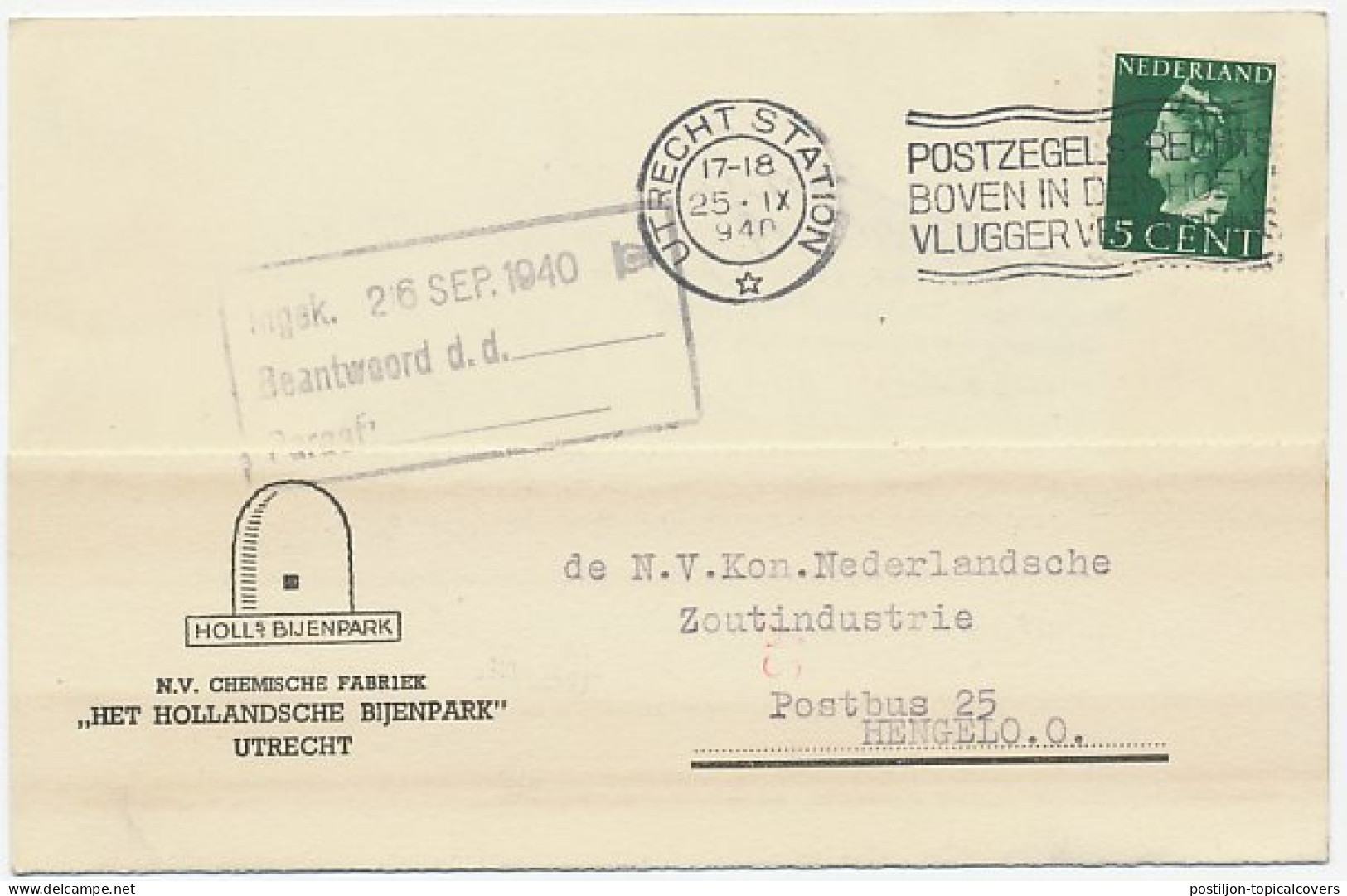 Firma Briefkaart Utrecht 1940 - Bijenpark / Chemische Fabriek - Non Classés