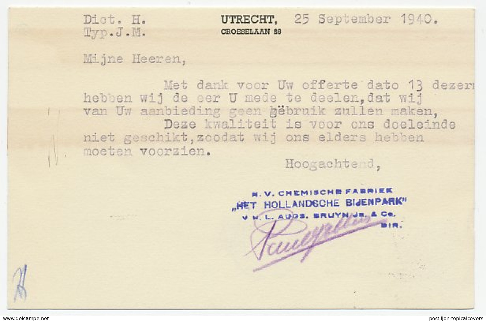 Firma Briefkaart Utrecht 1940 - Bijenpark / Chemische Fabriek - Non Classés