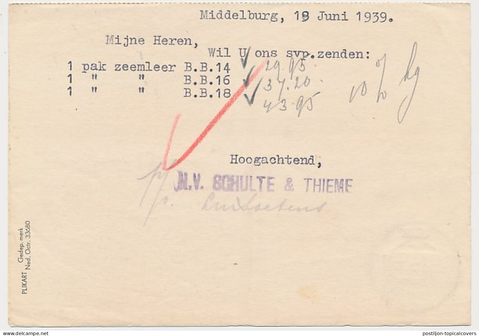 Firma Briefkaart Middelburg 1939 - Schulte En Thieme  - Non Classificati