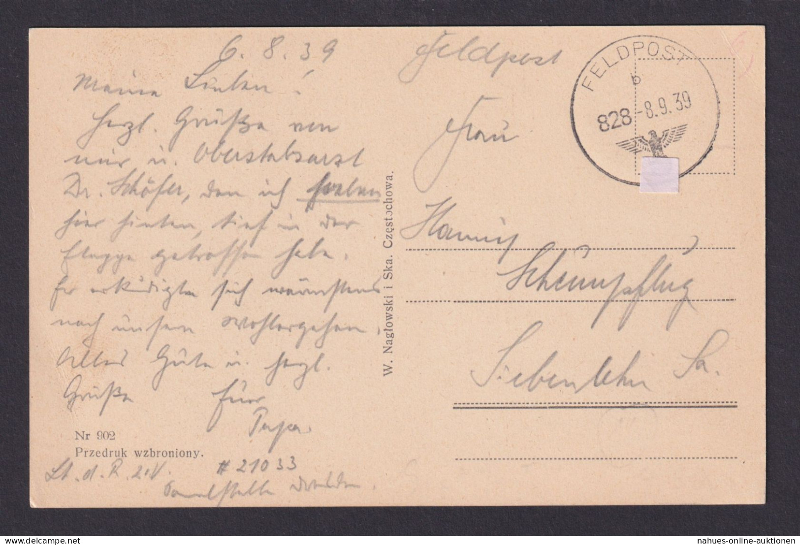 Besetzung Polen Generalgouvernement Feldpost K1 828 Ansichtskarte Czestochowa - Other & Unclassified