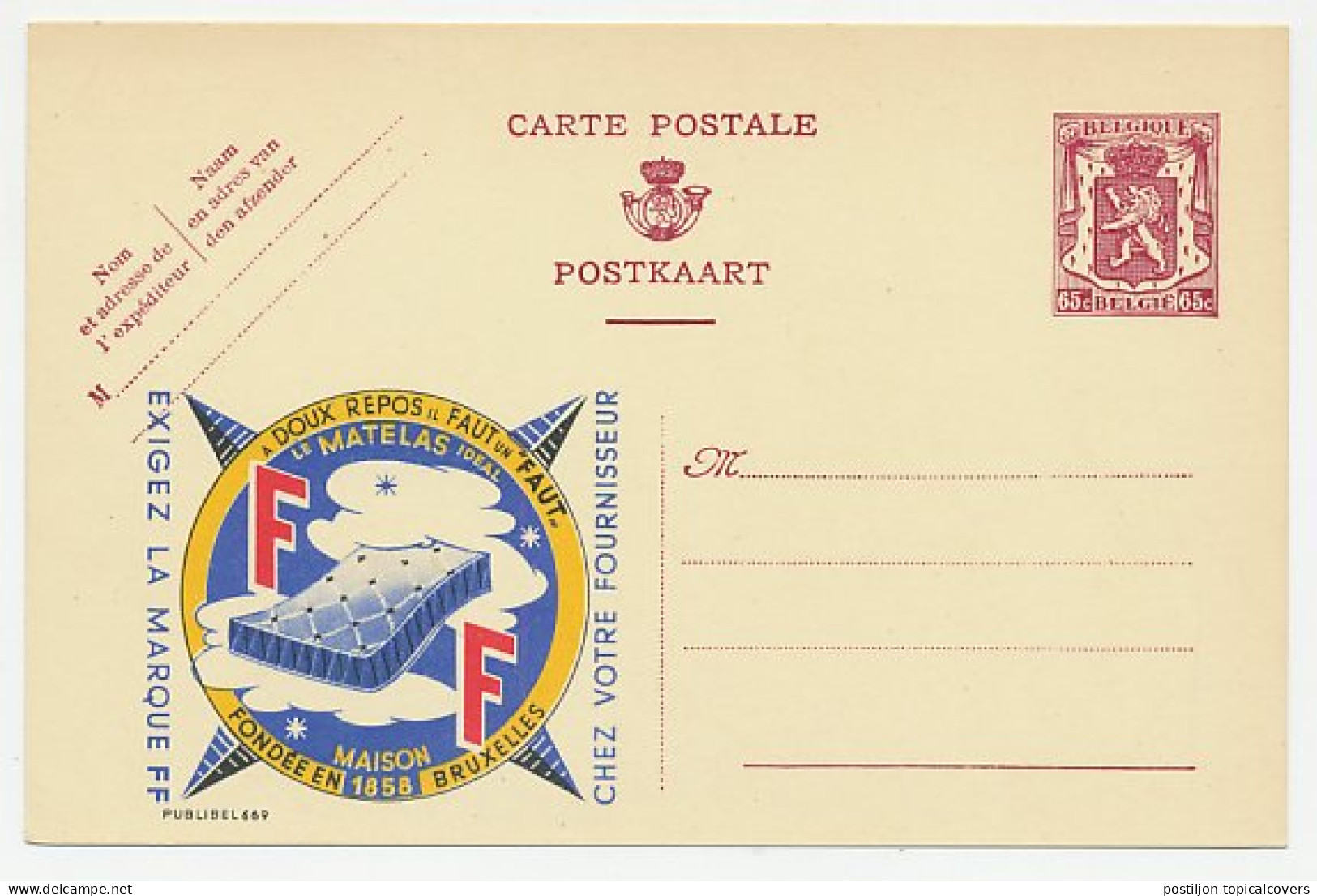 Publibel - Postal Stationery Belgium 1946 Mattress - Bed - Unclassified