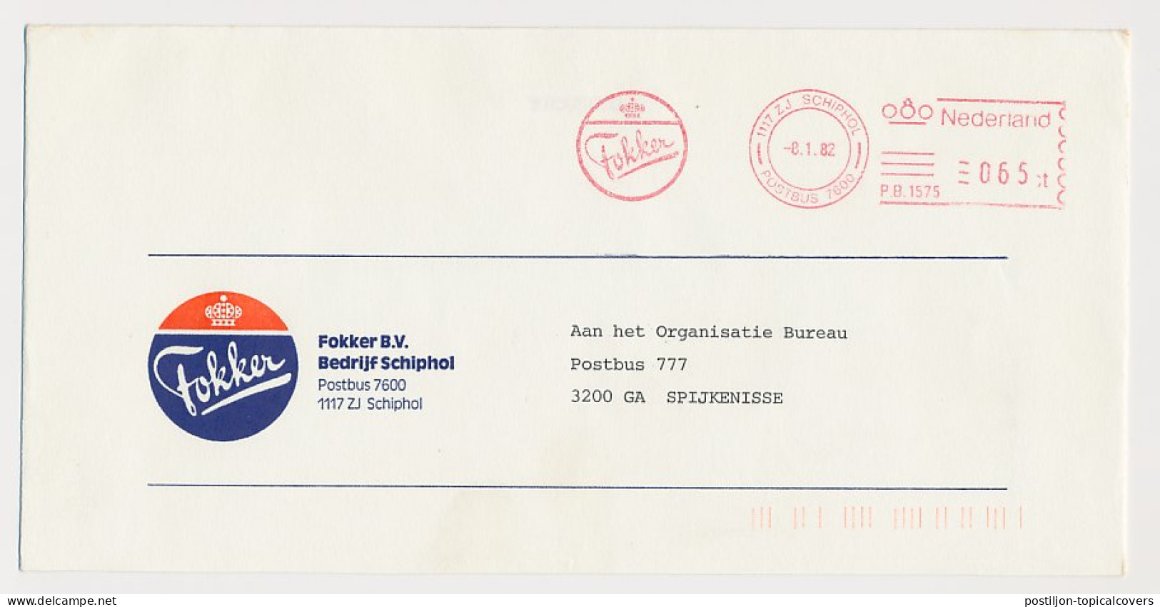 Meter Cover Netherlands 1982 Fokker - Aircraft Factory - Airplanes