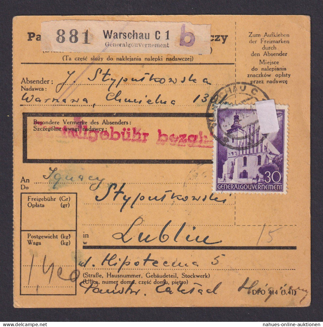 Besetzung Polen Generalgouvernement Paketkarte Warschau Lublin Roter L1 Nachge - - Autres & Non Classés