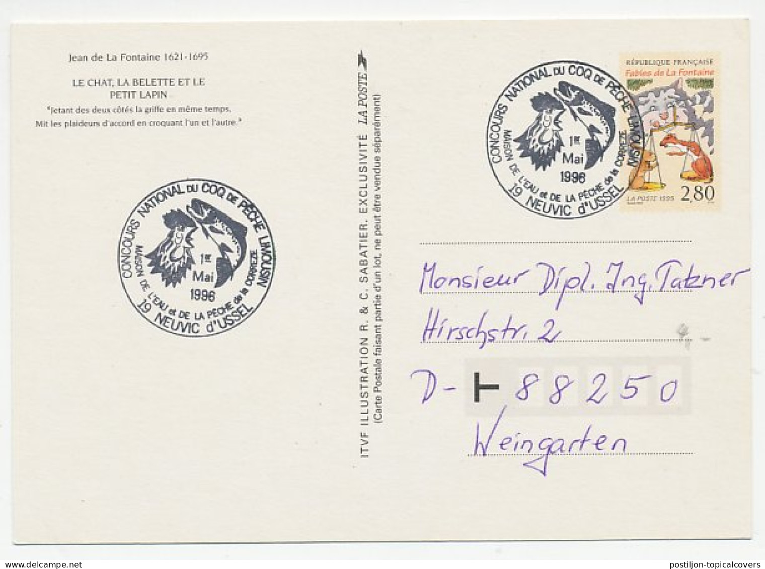 Postal Stationery / Postmark France 1996 Jean De La Fontaine - Cat, Weasel And Young Rabbit  - Fairy Tales, Popular Stories & Legends
