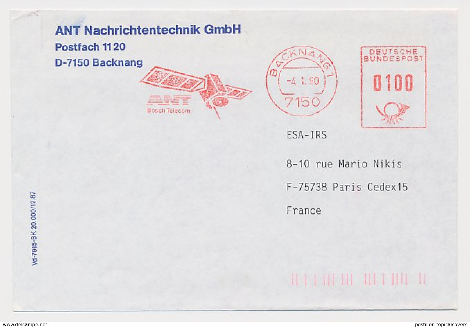 Meter Cover Germany 1990 Telecommunication Satellite - ANT - Bosch Telecom - Astronomùia